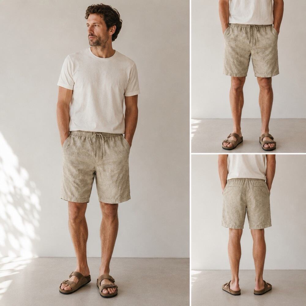 James Perse Men’s 100% Linen Drawstring Shorts Size 3 Beige Coastal Quiet Luxury
